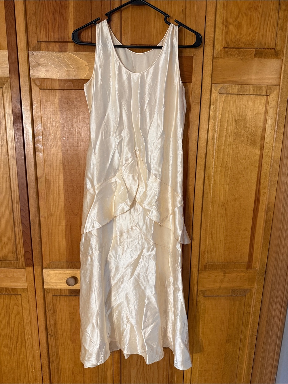 Vintage Silk Cream Satin Sleeveless Ruffle Midi Dress